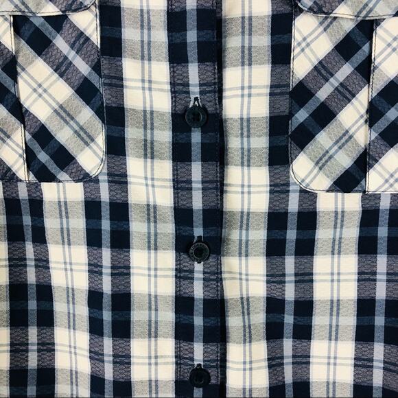 Eddie Bauer blue white plaid button front rip stop hiking camping shirt large - Picture 3 of 8